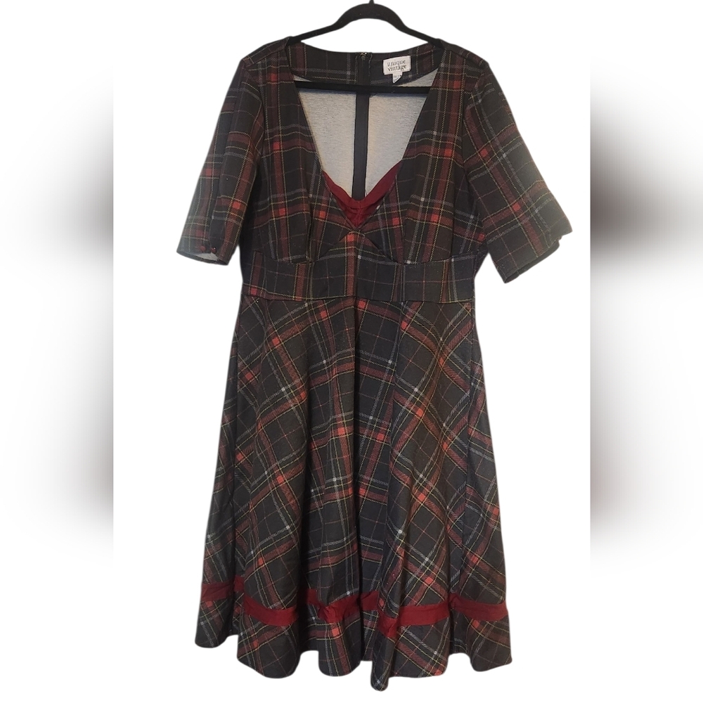 Unique Vintage Black and Red Plaid Midi 50s Dress With Pockets, 3X